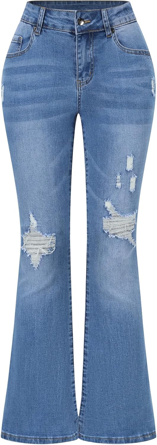 Womens Stretchy Mid Rise Flare Jeans Distressed Denim Pants