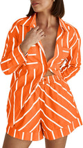 Women Striped 2 Piece Lounge Set - Button Down Shirt & Shorts
