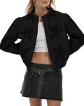 Women's Cropped Quilted Jacket with Floral Embroidery - Lightweight