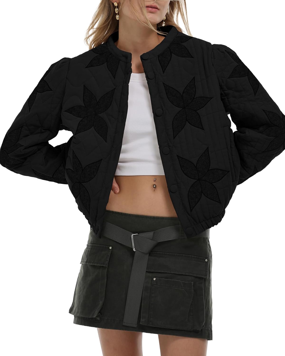 Gacaky Women's Floral Embroidered Cropped Quilted Jacket
