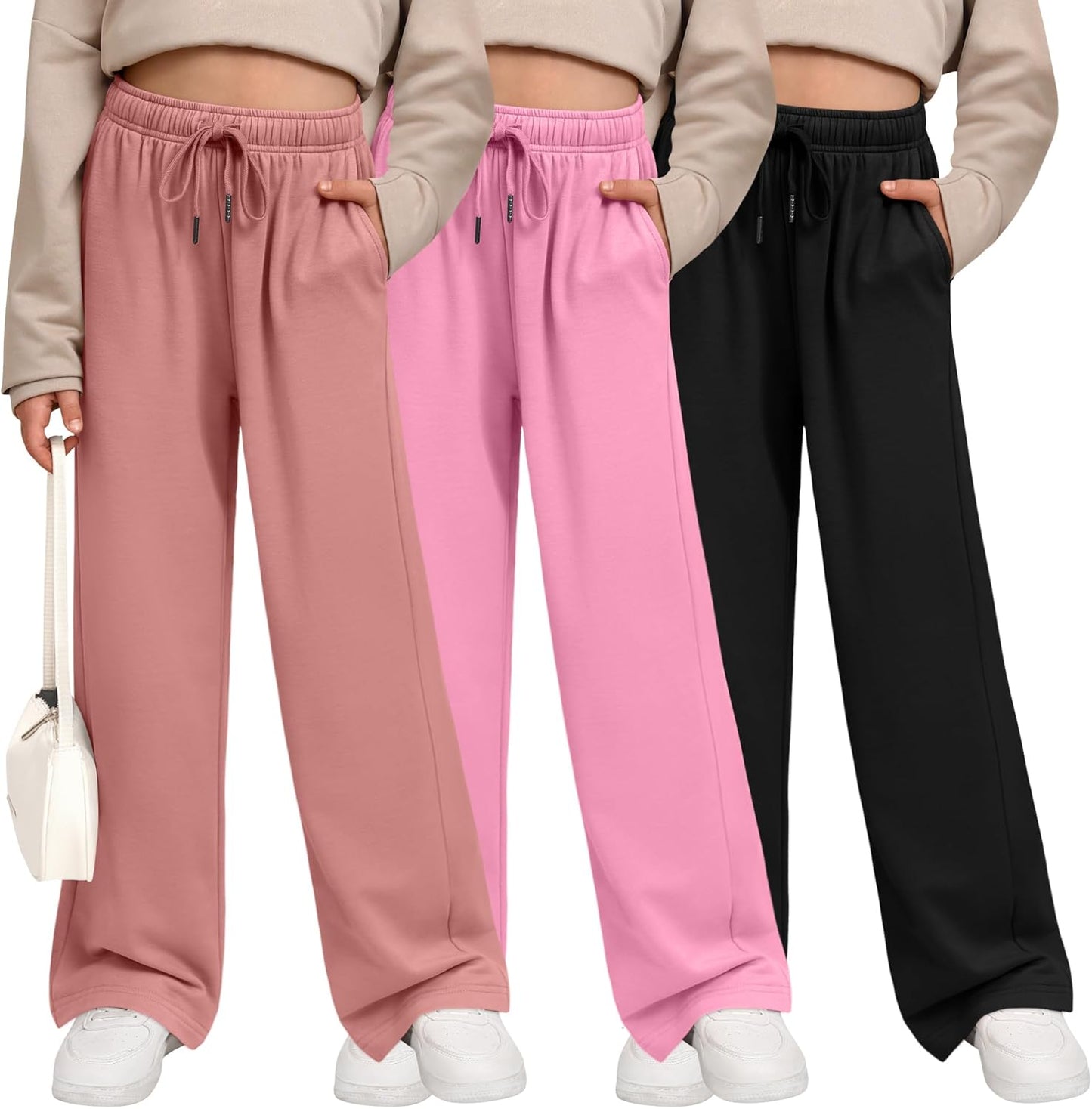 3 Pack Girls' Sweatpants Wide Leg Casual Joggers with Pockets