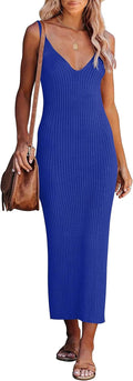 MEROKEETY Womens V Neck Knit Midi Bodycon Dress - Versatile Summer