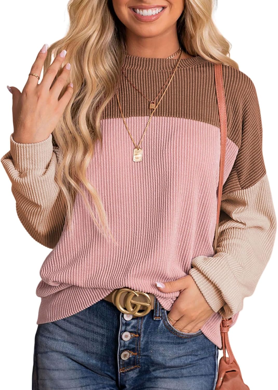 Dokotoo Womens Fashion Color Block Long Sleeve Pullover Tops