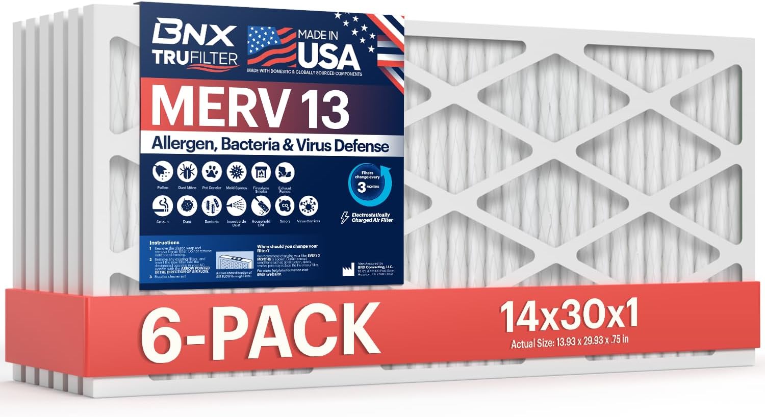 BNX TruFilter 14x30x1 MERV 13 Air Filter for Allergies & More