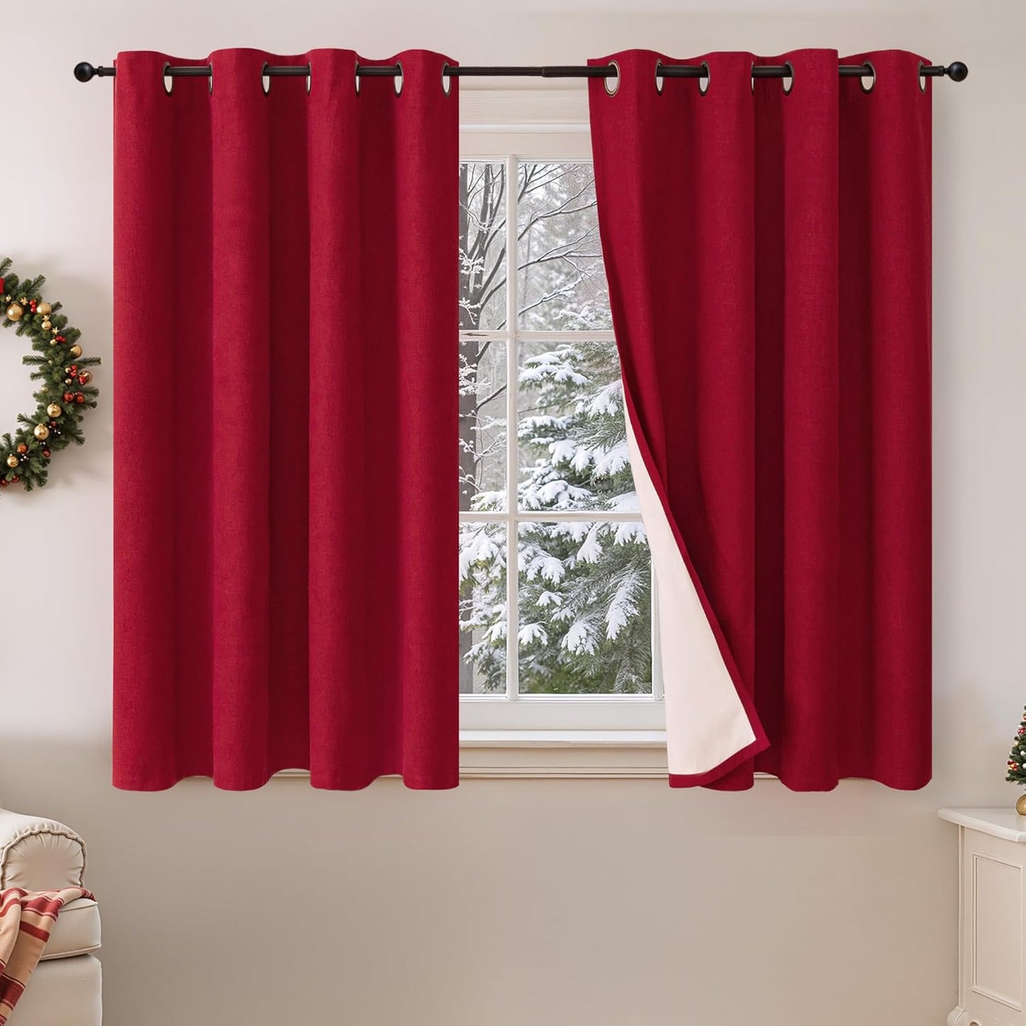 Red Christmas Linen Blackout Curtains for Cozy Winter Decor