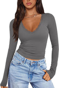 PINKMSTYLE Women V Neck Lace Long Sleeve Top - Soft, Double-Lined Fit