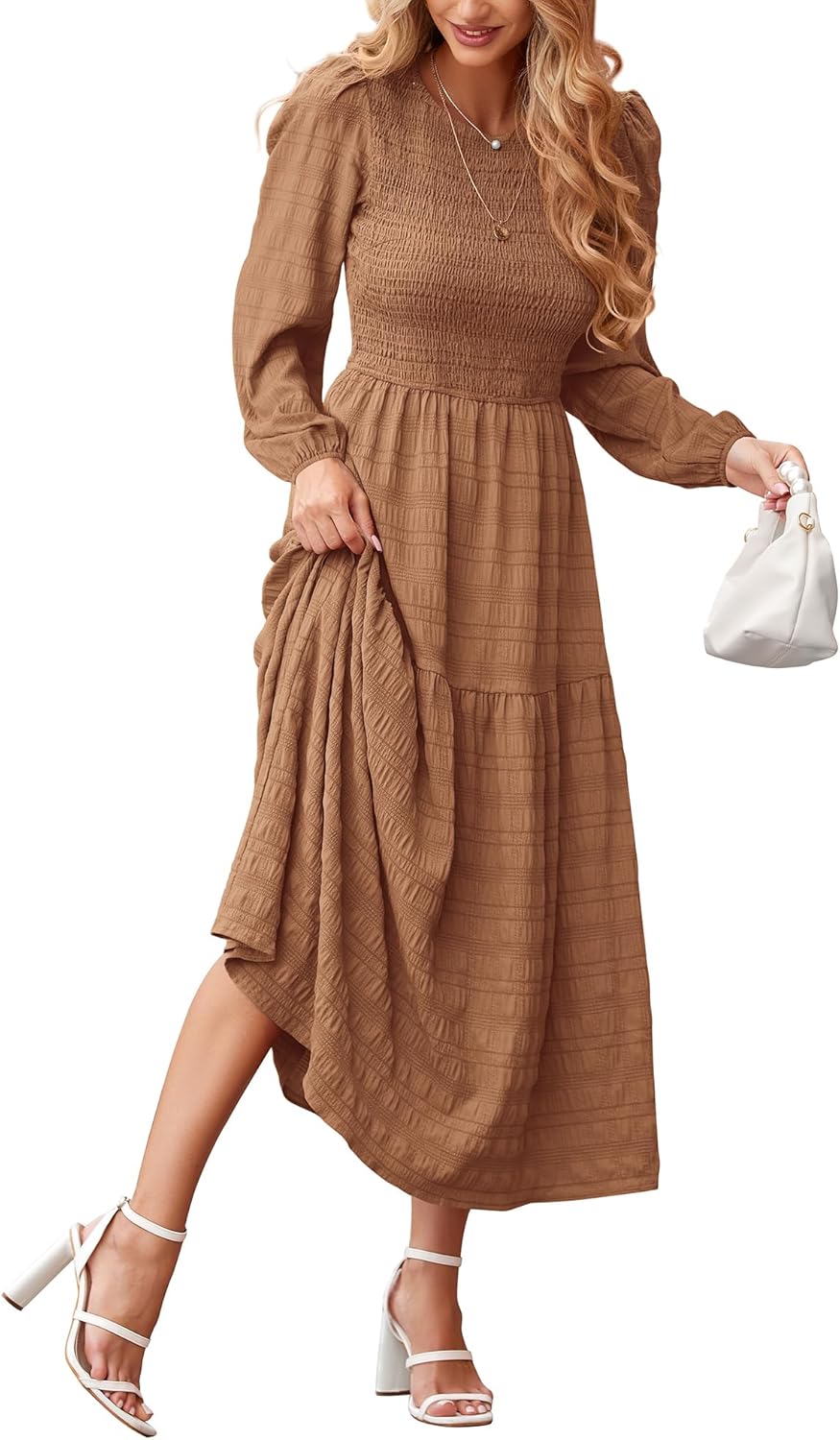 Dowerme Women's Puff Long Sleeve A-Line Maxi Dress for Fall