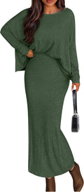 Women's Fall Two Piece Skirt Set with Long Sleeve Top - Maxi Slit