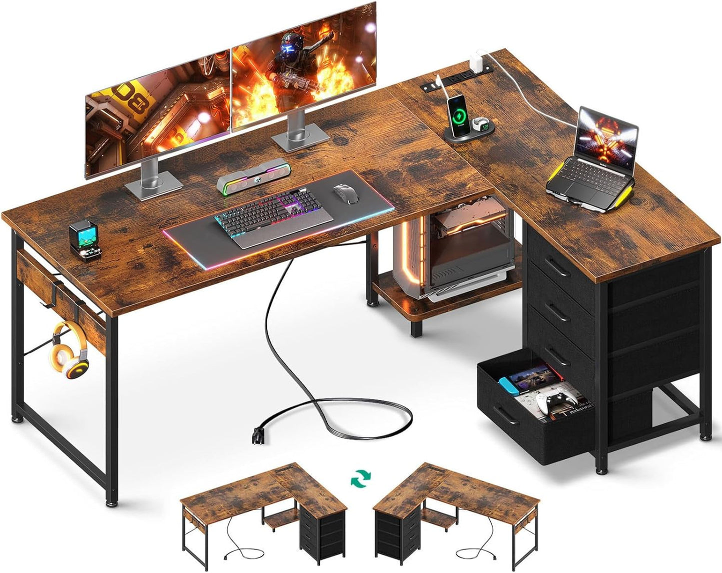 Vintage L Desk with Power Outlets & USB Port