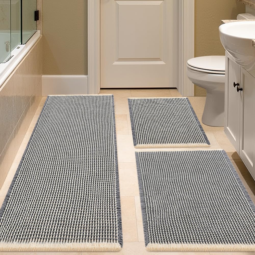 Waffle Bath Mat Set 3 Piece Grey & Beige for Modern Bathrooms