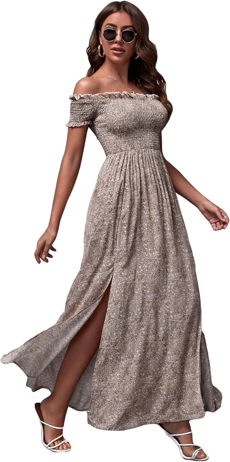 Floerns Women's Boho Floral Print Off Shoulder Dress for Summer