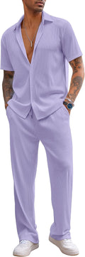 Men's 2 Piece Vertical Stripes Short Sleeve Shirt & Pants Set - Summer