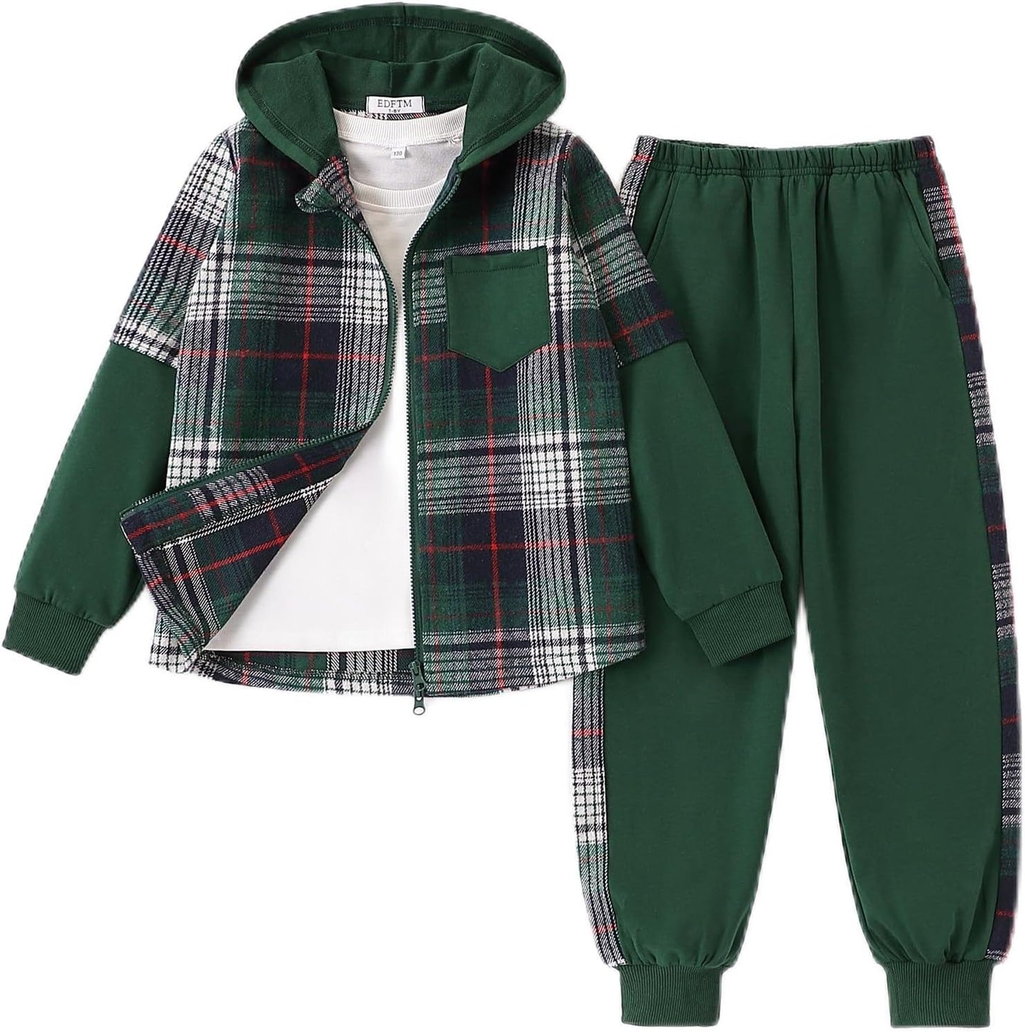 2Pcs Girls Clothes Zip Up Plaid Flannel Hoodie and Joggers