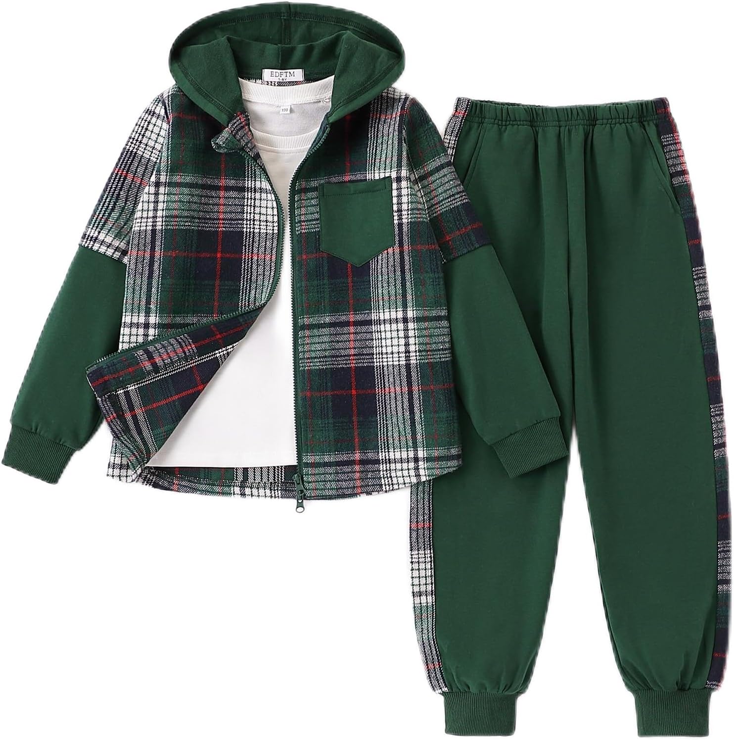 2Pcs Girls Clothes Zip Up Plaid Flannel Hoodie and Joggers