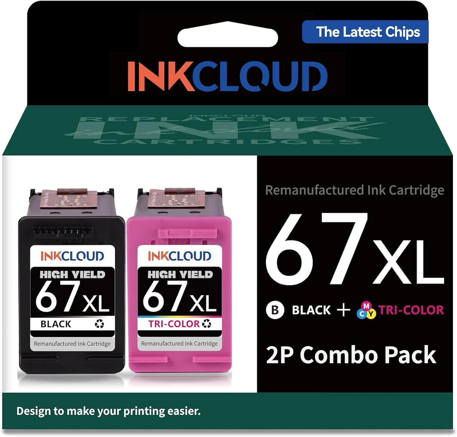 Remanufactured Ink Cartridges for HP 67XL Printers - 2 Pack