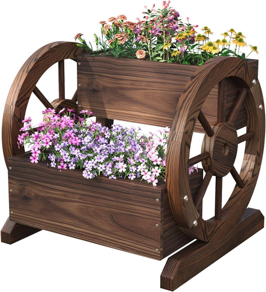 Aoxun Wooden Wagon Planter Box for Outdoor Plants and Decor