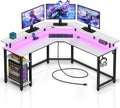 L Shaped Gaming Desk with LED Lights & Power Outlets - Corner