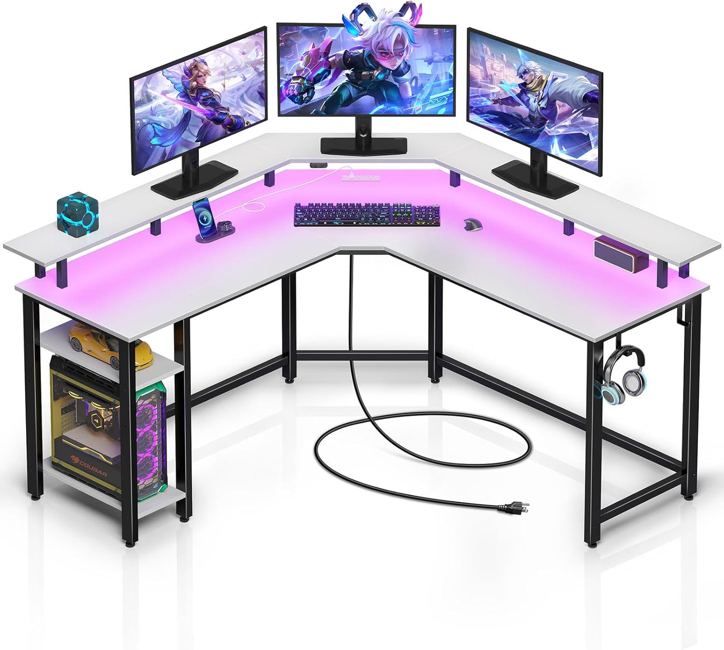 Rolanstar L Shaped Gaming Desk with LED Lights & Power Outlets
