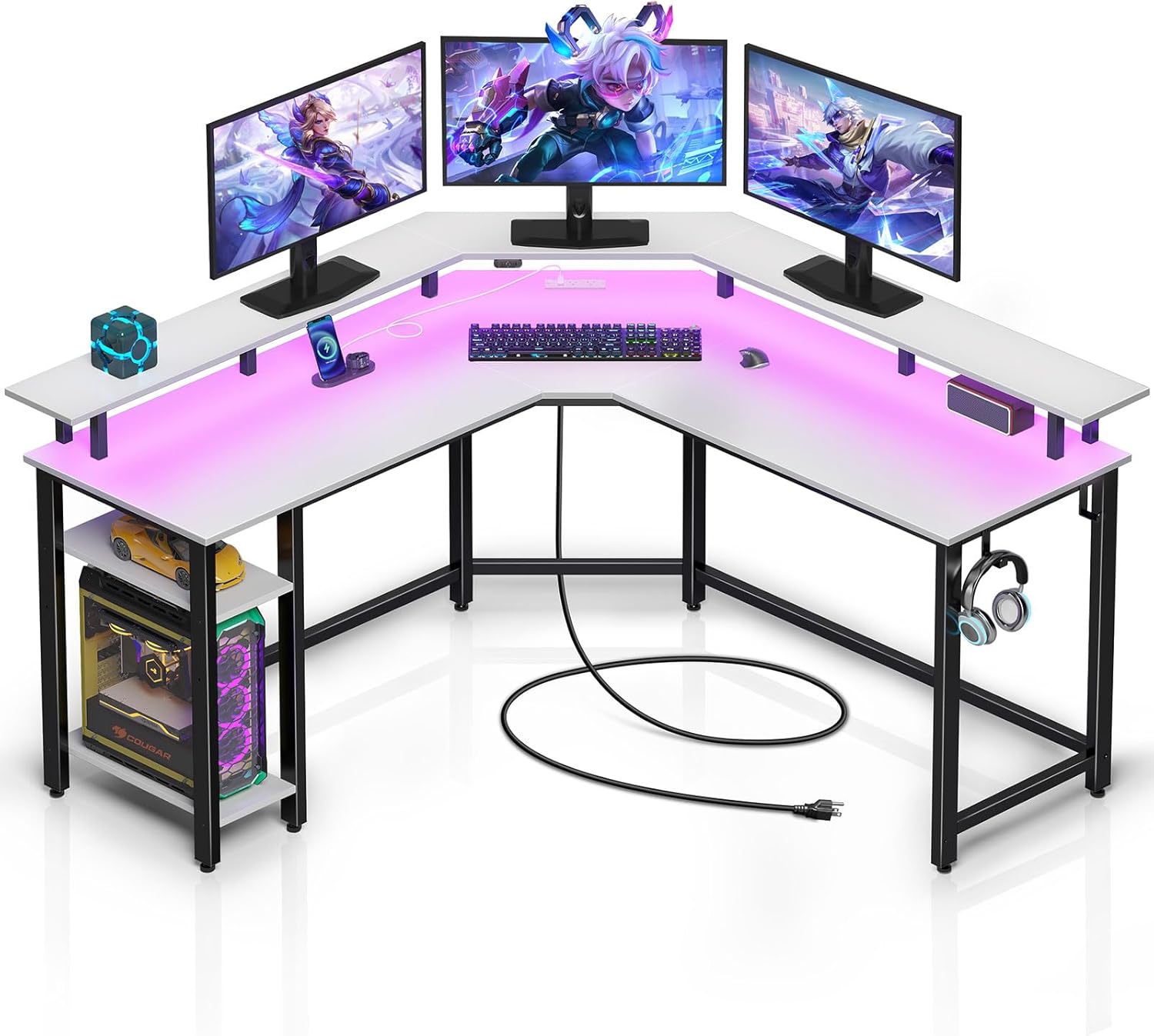 Rolanstar L Shaped Gaming Desk with LED Lights & Power Outlets