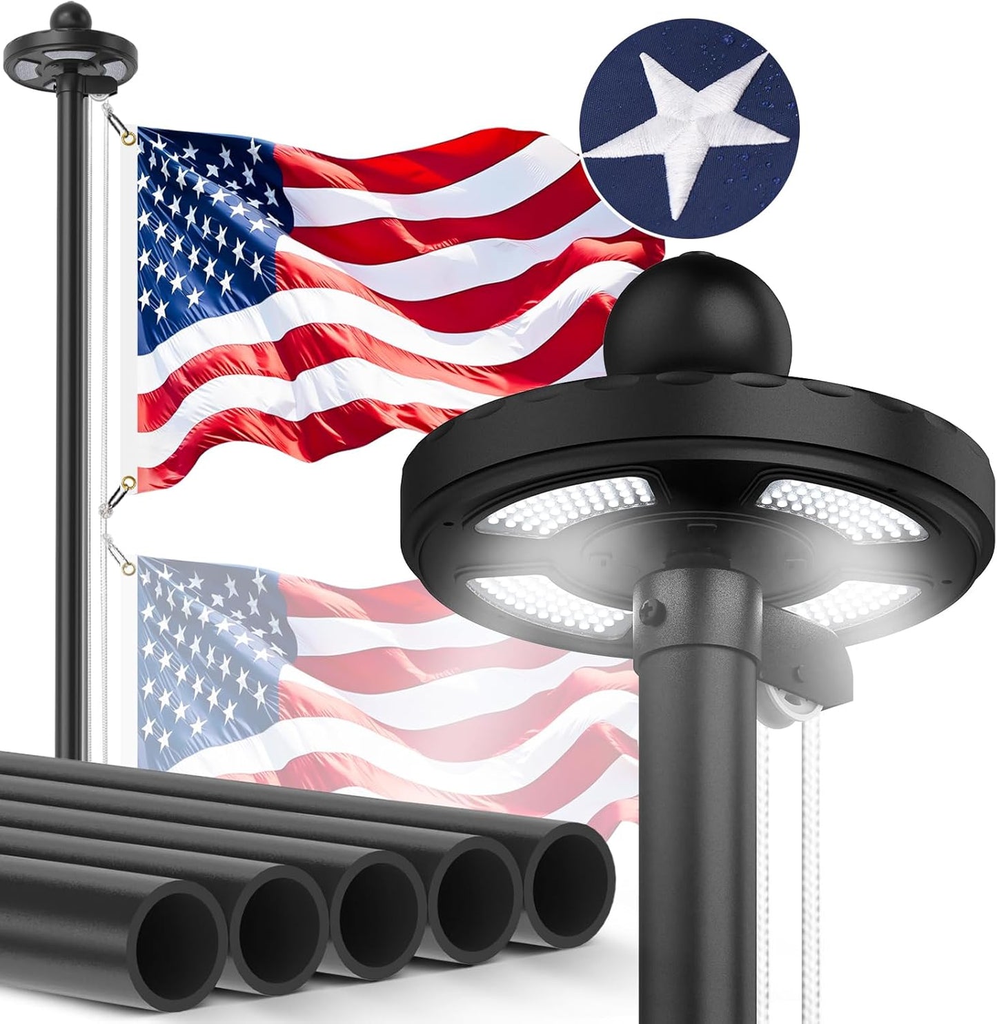 Heavy Duty Flag Pole Kit with 128 LED Solar Light for Outdoors
