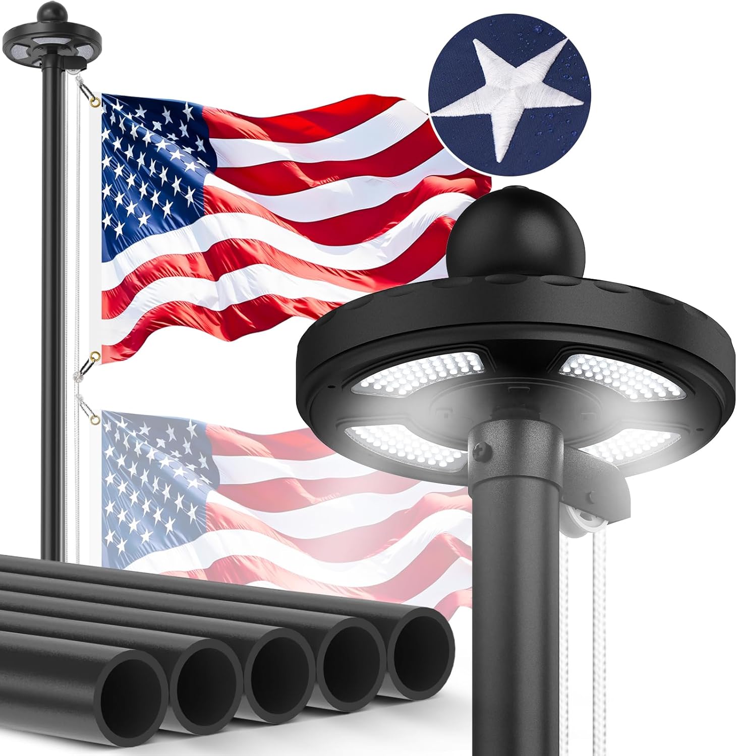 Heavy Duty Flag Pole Kit with 128 LED Solar Light for Outdoors