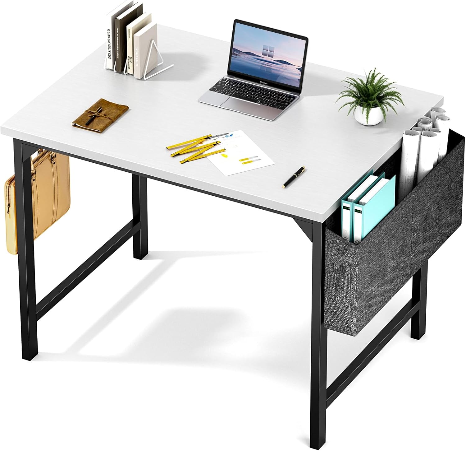 Compact White Desk with Storage & Hooks 