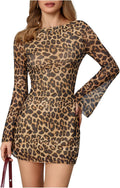 Leopard Print Dress Y2k Backless Mesh Bell Sleeve Mini - Flattering