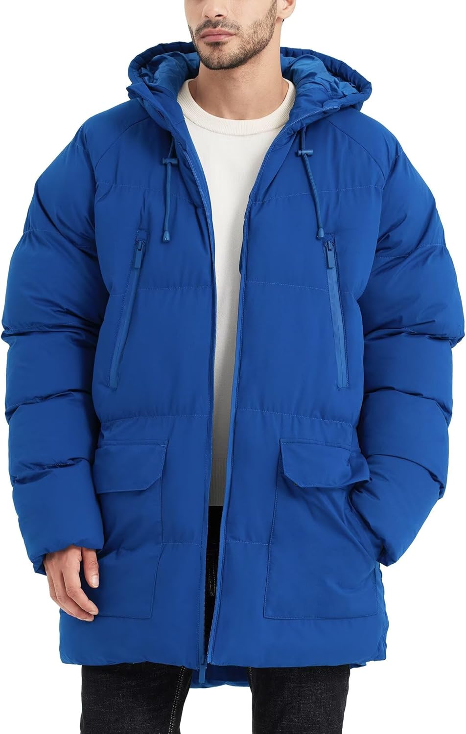Men's Long Winter Coat Hooded Warm Quilted Jacket for Cold Weather