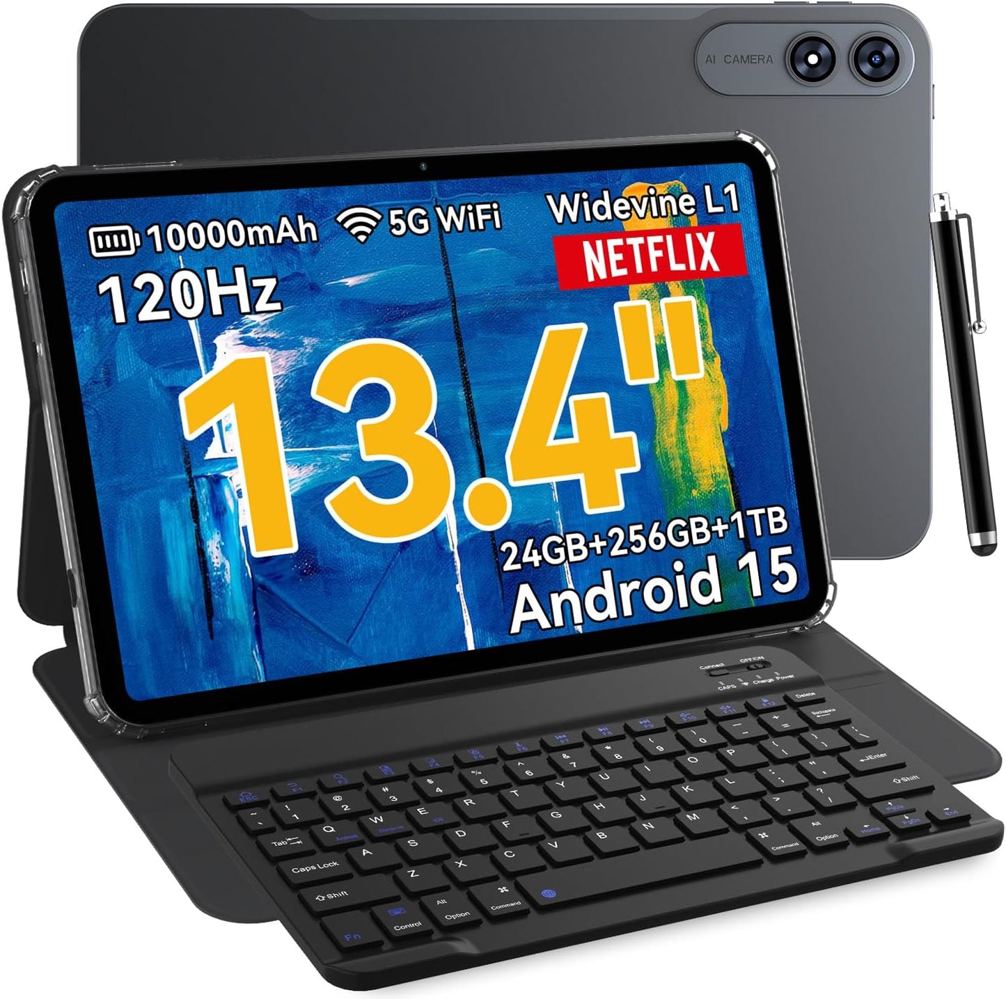 13.4 inch Android 15 Tablet with Keyboard and Pen for Gaming