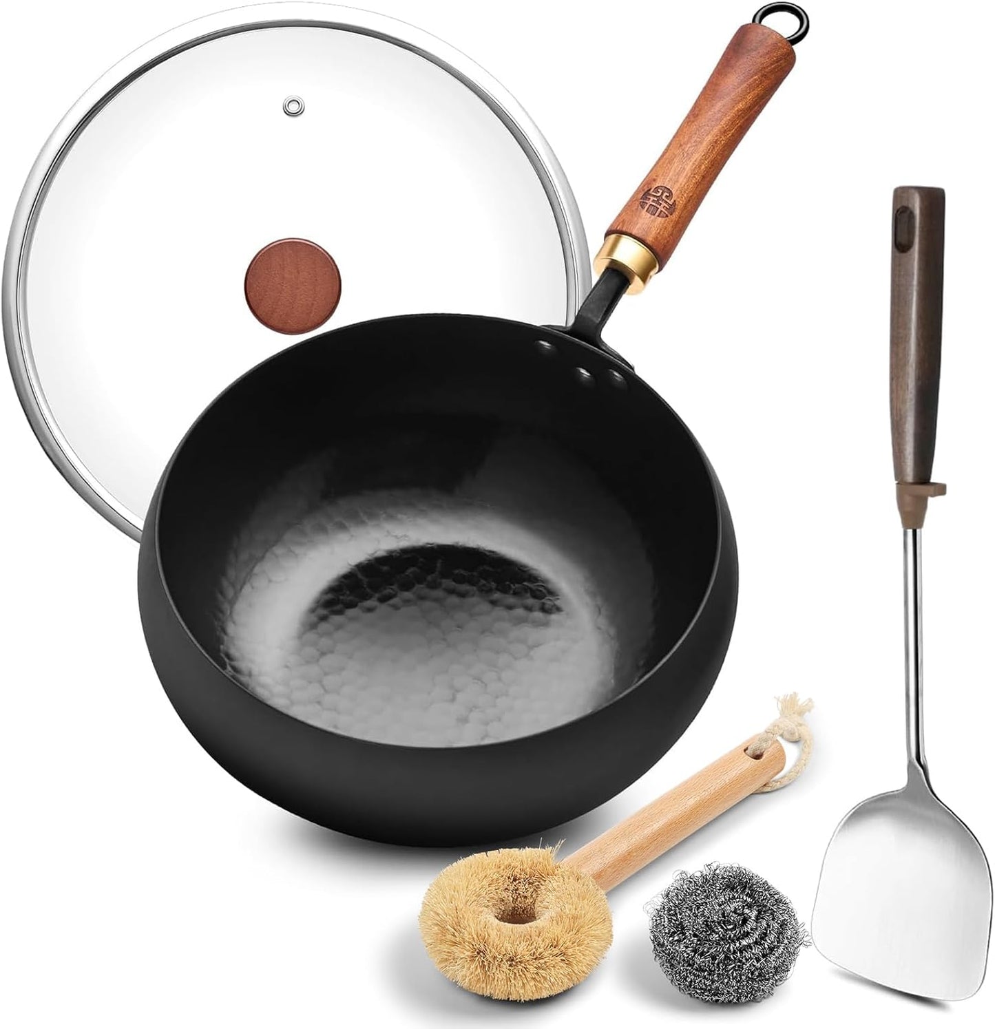 Wrought Iron Flat Bottom Wok with Glass Lid for Versatile Cooking