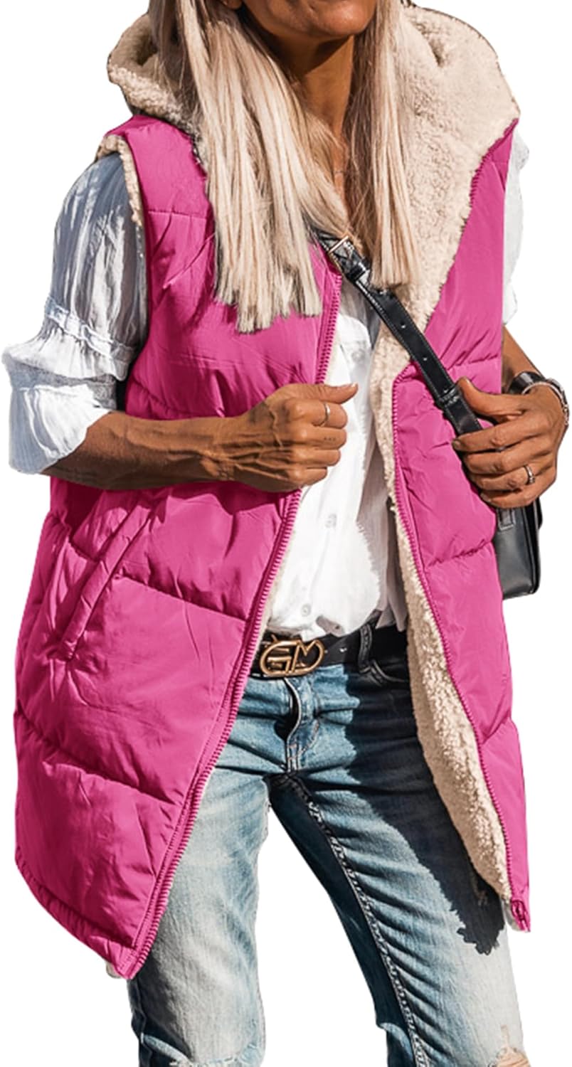 Long Puffer Vest Women Sleeveless Hooded Reversible Jacket