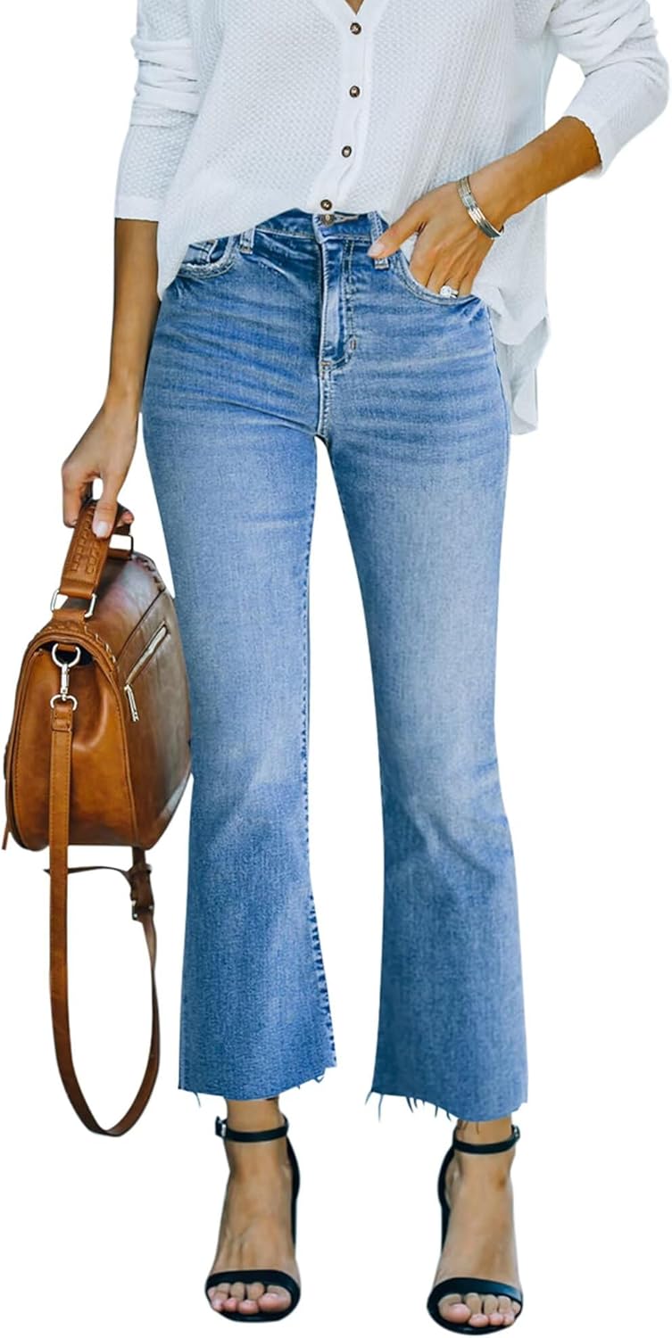 Cropped Flare Jeans for Women - Stretchy Mid Rise Bell Bottoms