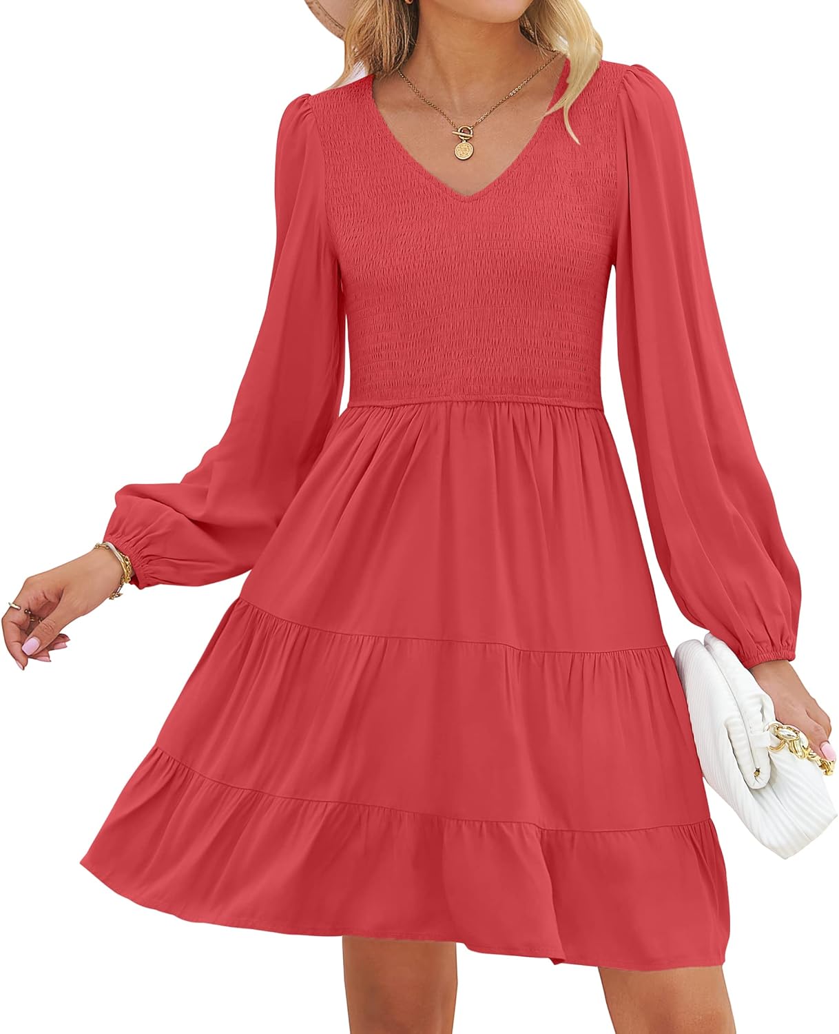 ZESICA Women's Casual V Neck Long Sleeve Ruffle Mini Dress