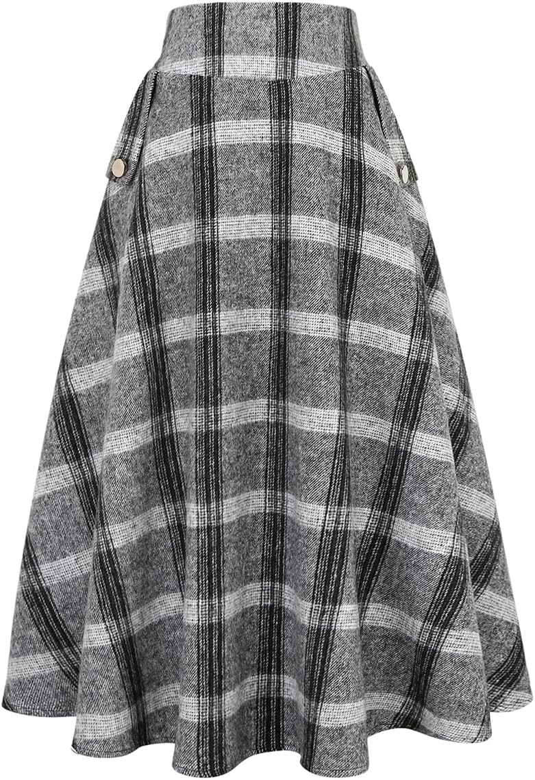 IDEALSANXUN Womens High Waisted Wool Plaid A-line Long Skirt