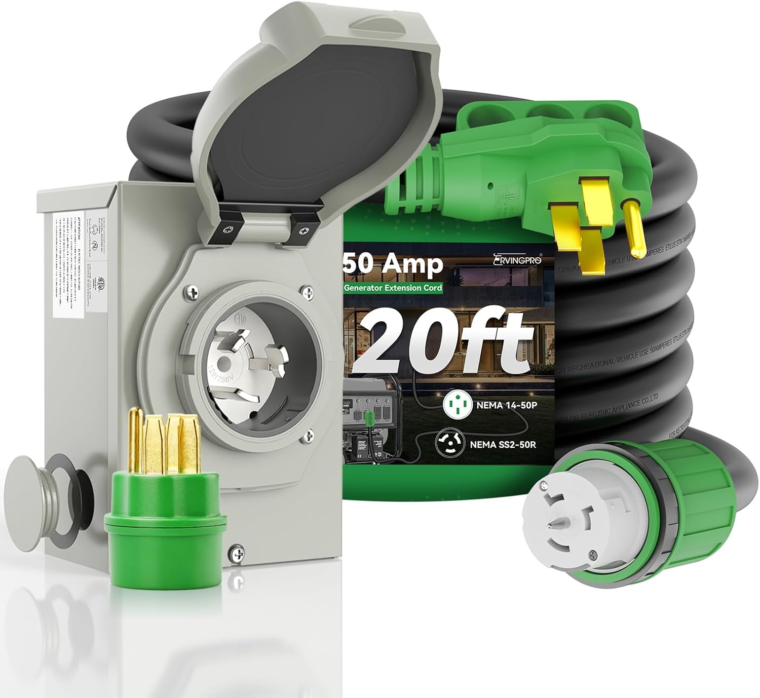 50 Amp Generator Cord 20FT with Pre-Drilled Inlet Box Combo