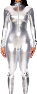 Forplay Hot Metallic Zip Front Mock Neck Catsuit Bodysuit - Shiny Fit