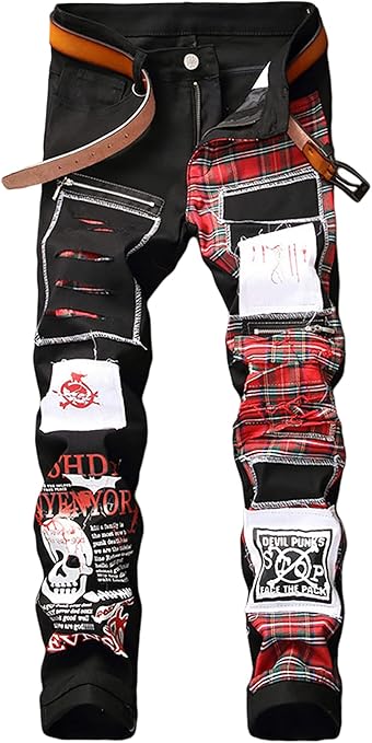 Enrica Men's Straight Slim Fit Ripped Distressed Jeans with Patches