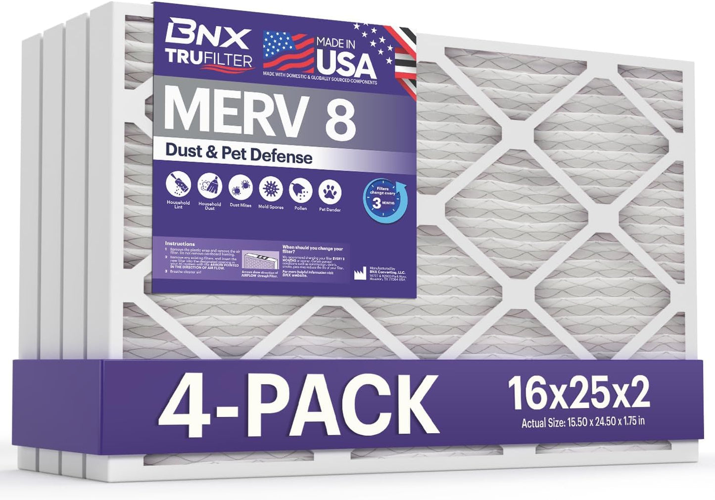 Protect Your Home with BNX TruFilter 16x25x2 MERV 8 (4-Pack)