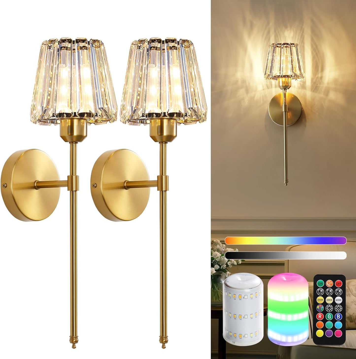Battery Operated Crystal Wall Sconce Set of 2 for Any Room