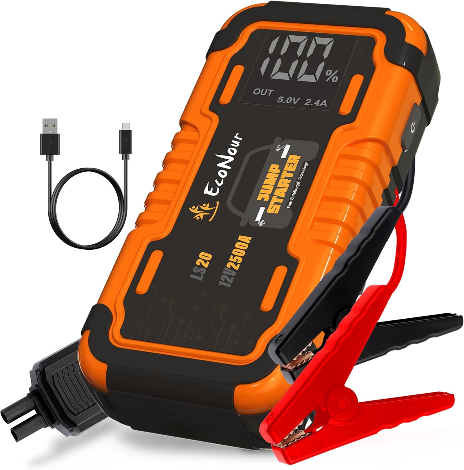 EcoNour 2500A Jump Starter | Power Up to 8.5L Gas | LED Light | Compatible with Ford & More