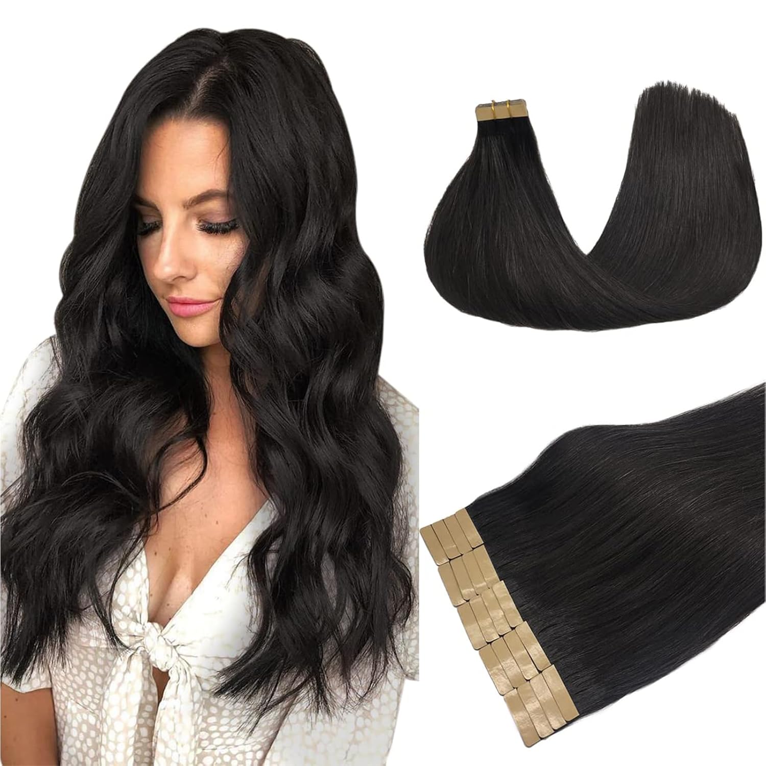 DOORES Hair Extensions Tape in Natural Black 20 Inch 20pcs 50g