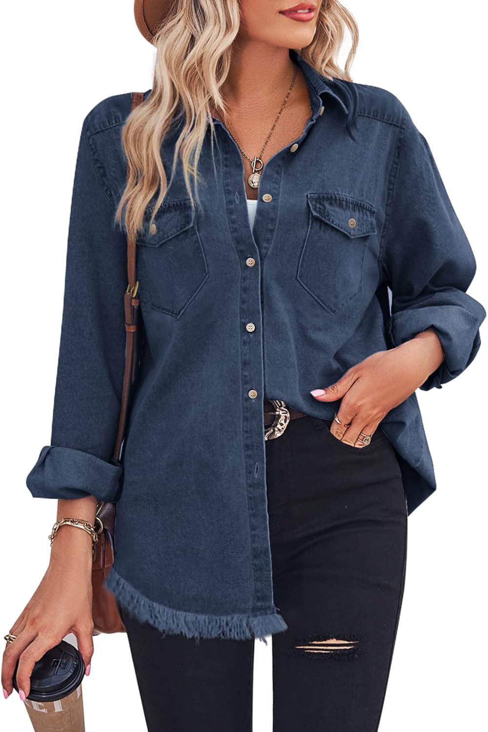 Zilcremo Women Denim Shirt Long Sleeve Button Down Blouse