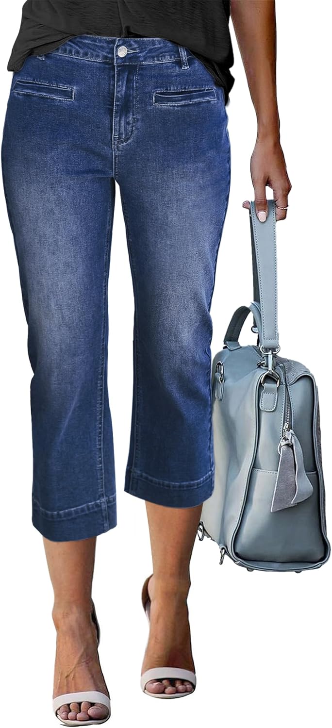 High Waisted Slim Straight Stretchy Denim Capris for Women
