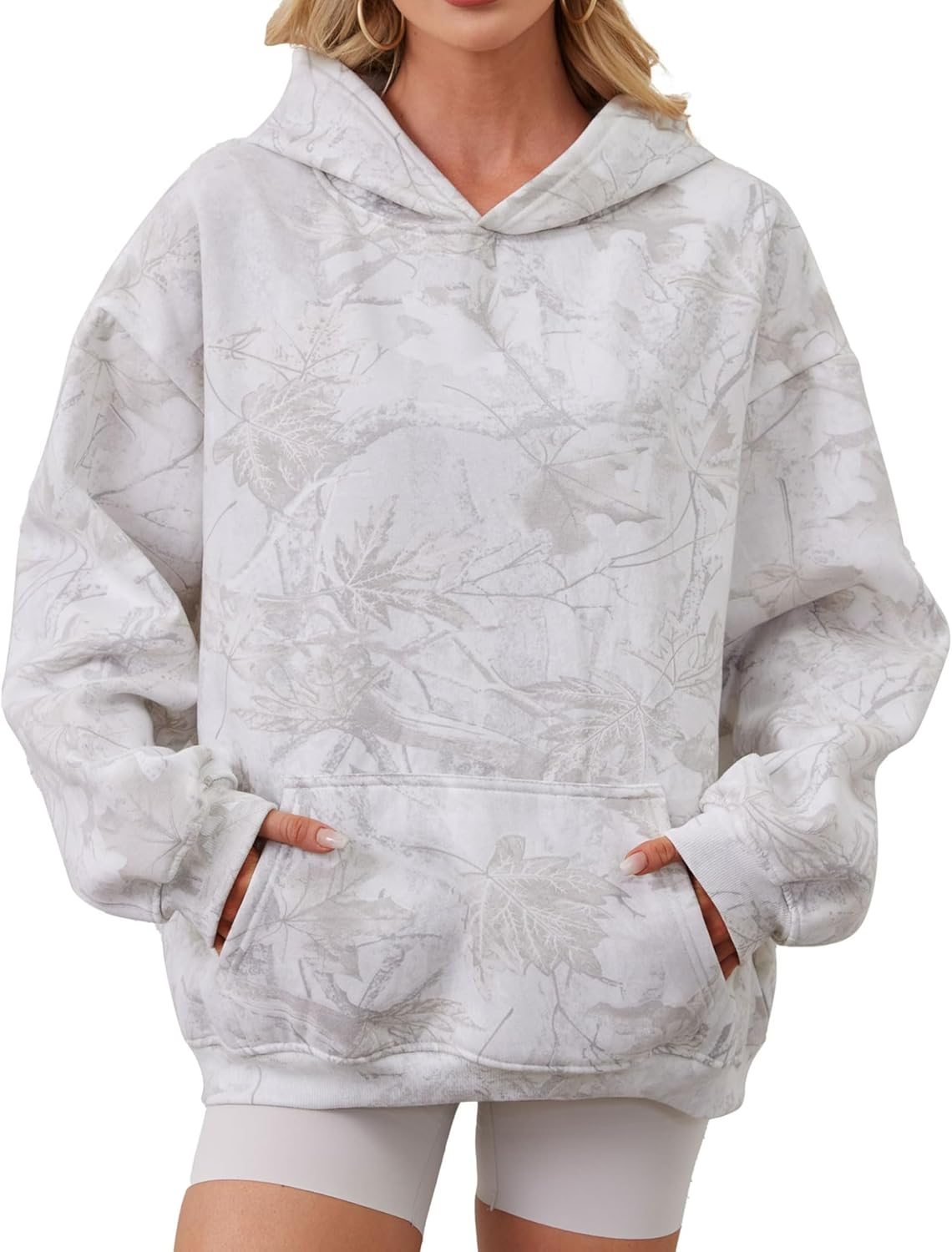 Women Camo Hoodies Oversized Maple Leaf Fleece Sweatshirt