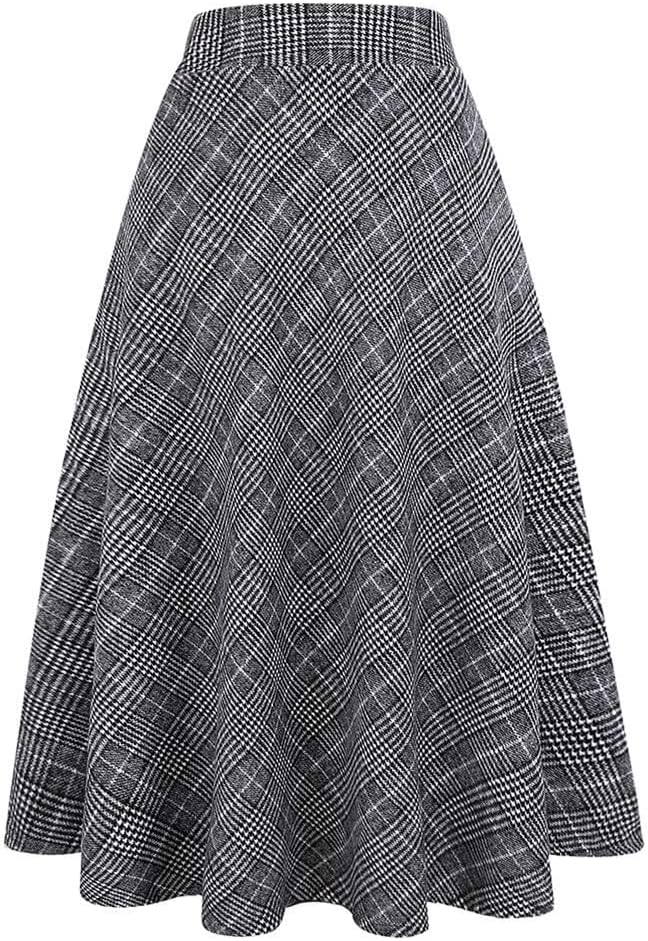Long Plaid Wool Skirt for Women: Warm High Elastic Waist A-Line