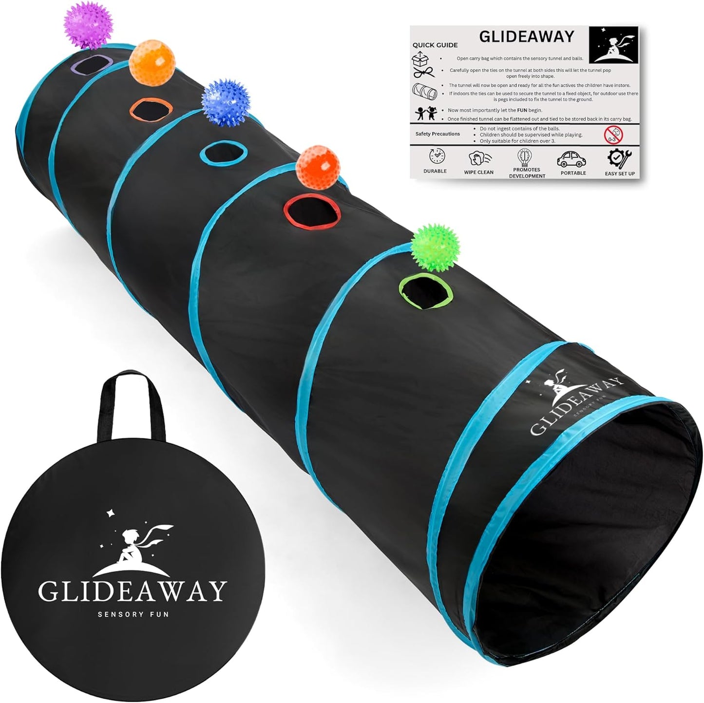 6ft Sensory Play Tunnel with LED Balls - Indoor & Outdoor Fun! by Glideaway
