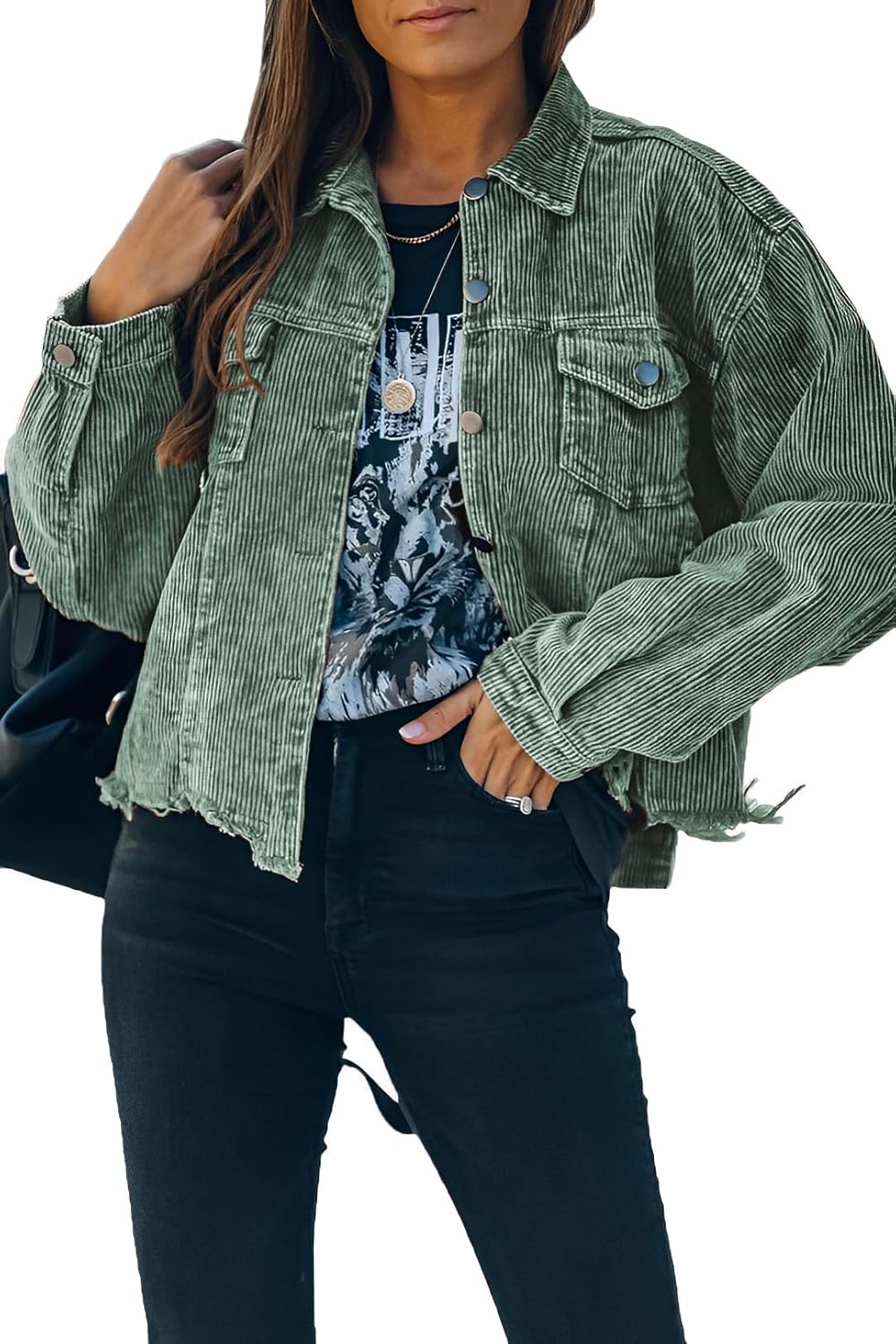 Womens Cropped Corduroy Jacket Casual Button Down Shacket Coat