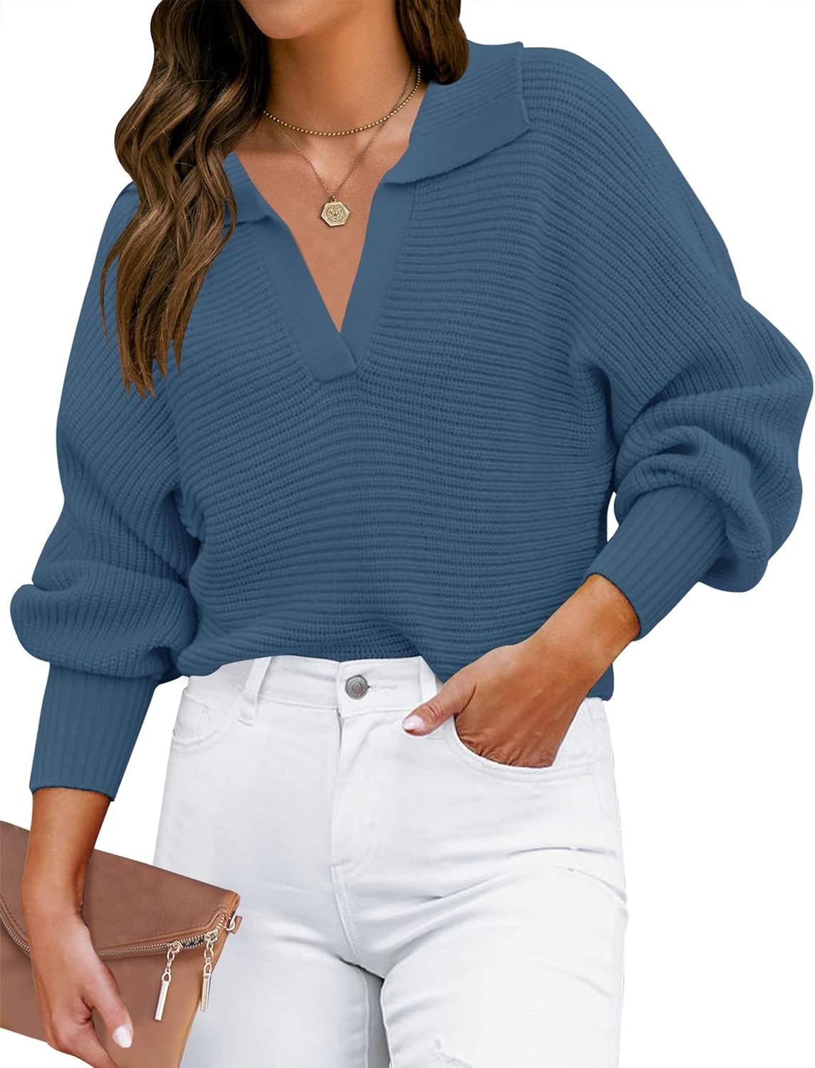 ZESICA Women's Fall V Neck Long Sleeve Ribbed Knit Sweater