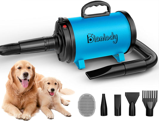 High Velocity Dog Dryer for Large Dogs - Stepless Speed, 4 Nozzles, Brush