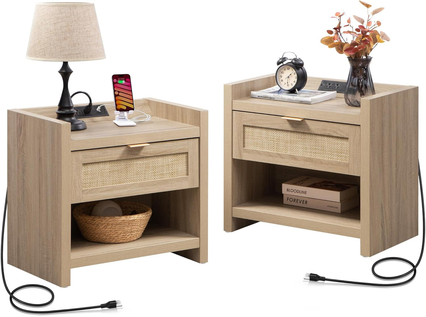 SICOTAS Rattan Nightstands Set of 2 with Charging Station